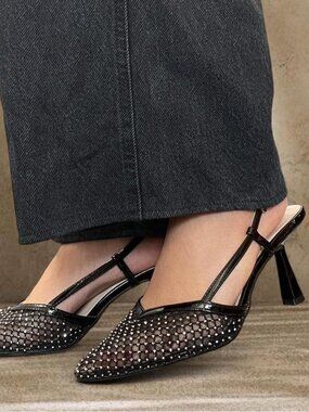 Kitten Heels size 7.5 with Black mesh rhinestone pointed toe slingback